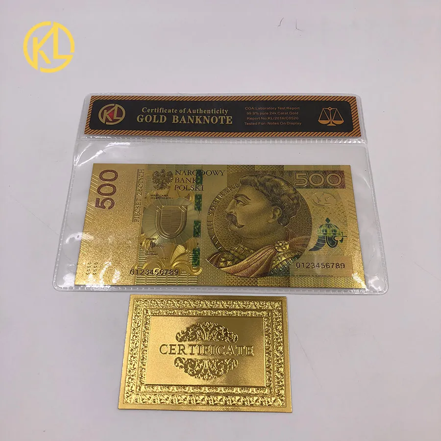 Золотой 1 шт. unised 1994 Edition Poland Currency designed цветной 24 K позолоченный банкнот 500 PLN для банка подарочные сувениры - Цвет: Золотой