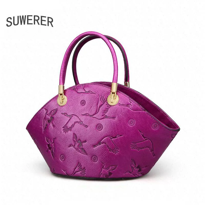 Мягкая сумка из натуральной воловьей кожи роскошная женская с тиснением Cran