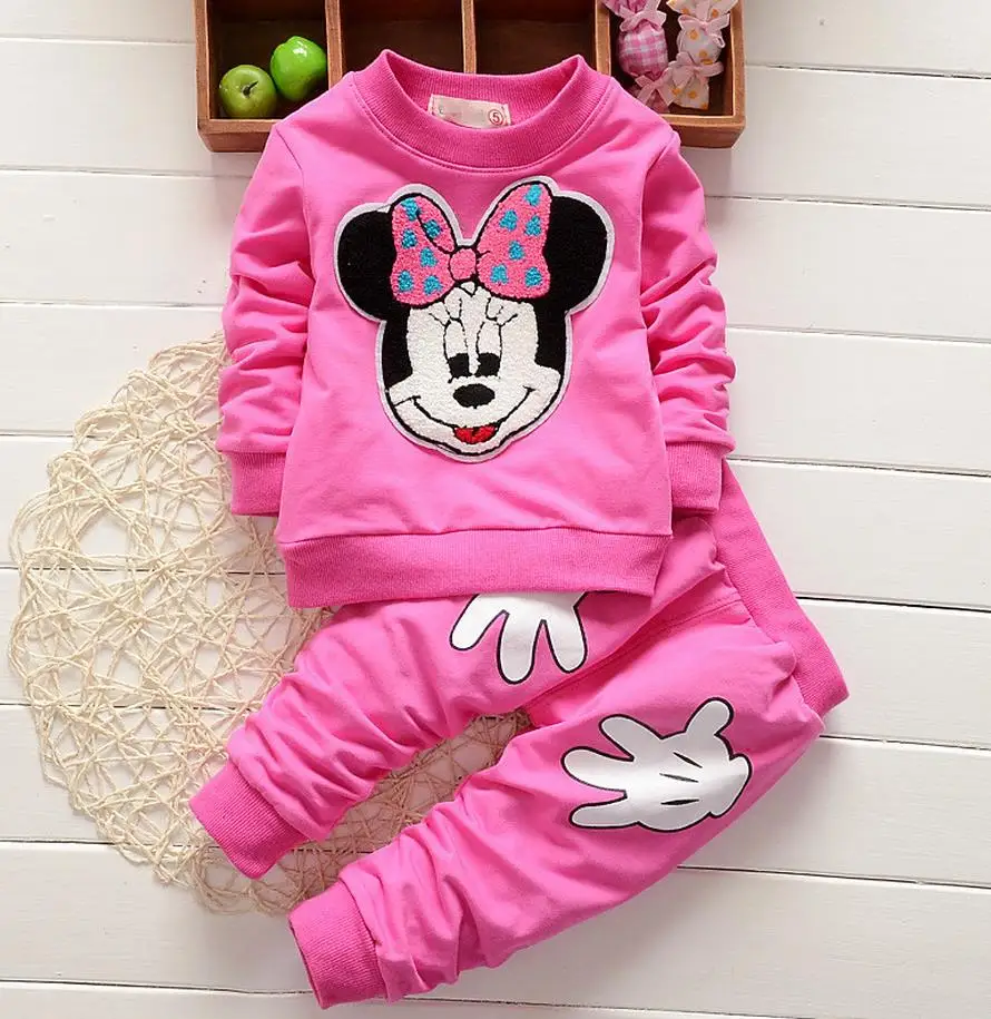 Rose red Весенне-осенний комплект одежды для детей, спортивный костюм для девочек, спортивный костюм для маленьких девочек, комплект детской одежды с рисунком Минни, От 1 до 4 лет - Цвет: Rose red