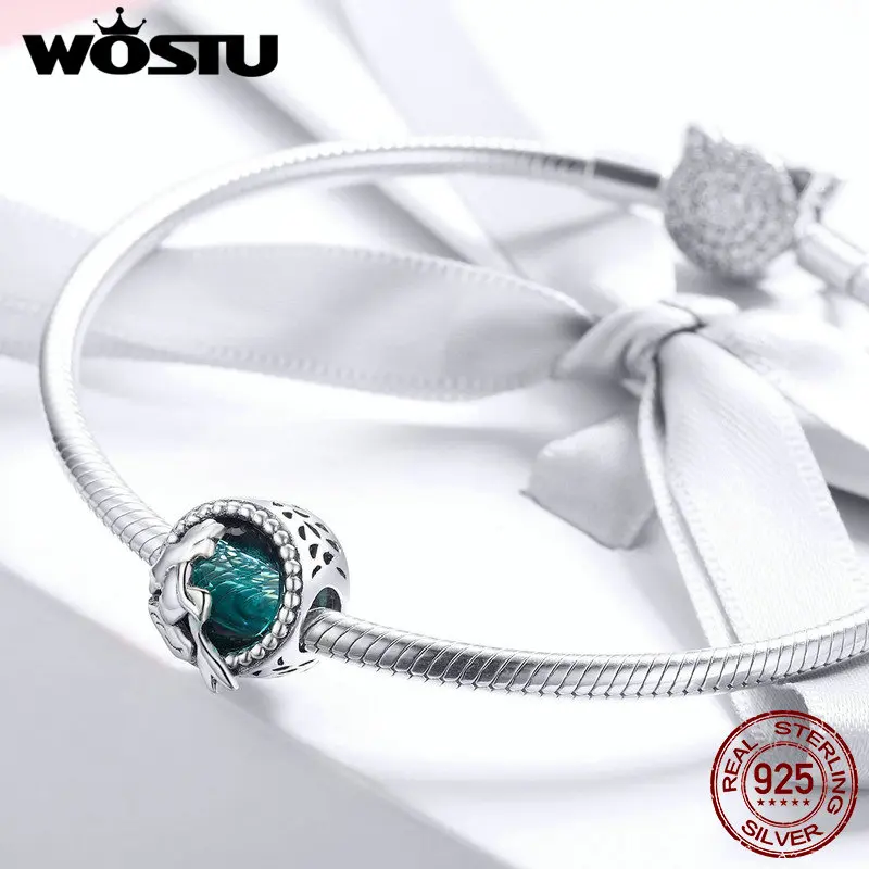 WOSTU, настоящая 925 пробы, серебряная романтическая подвеска с русалкой, подходит для оригинального браслета из бисера, подвеска, сделай сам, подарок для изготовления ювелирных изделий, FIC894