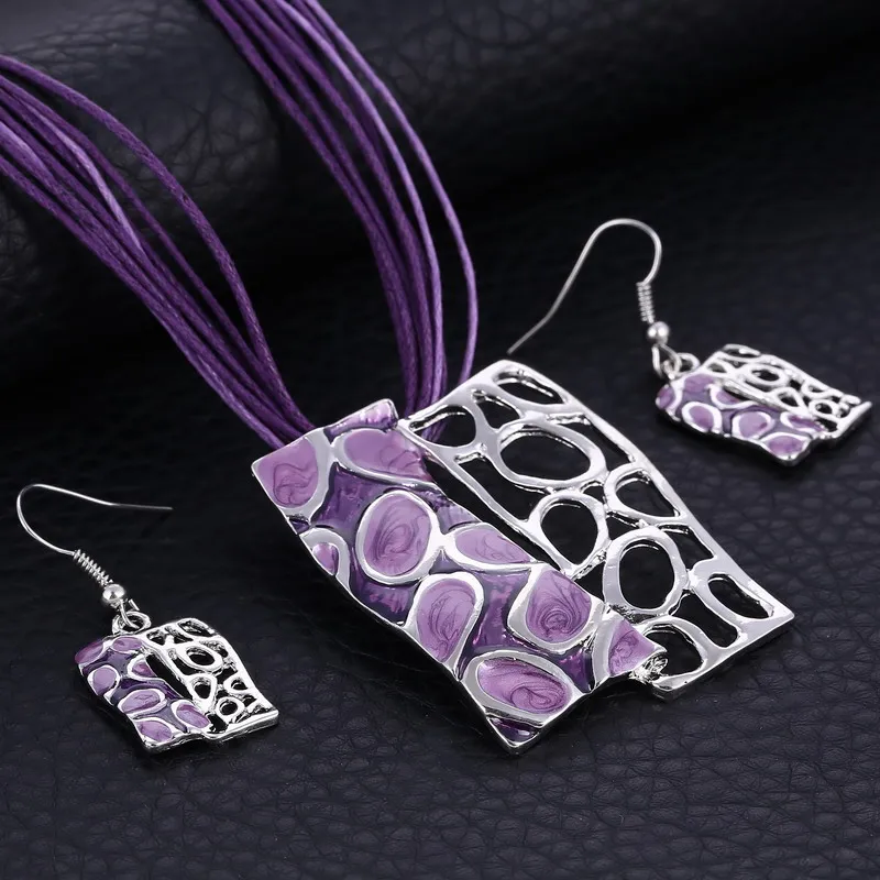 Комплект из колье и серёг с квадратным кулоном кожаным ремешком|necklace earring|necklace set