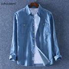 Женская Повседневная рубашка из 100% хлопка Schinteon, тонкая однотонная Простая рубашка из денима с длинными рукавами и двумя передними карманами на осень