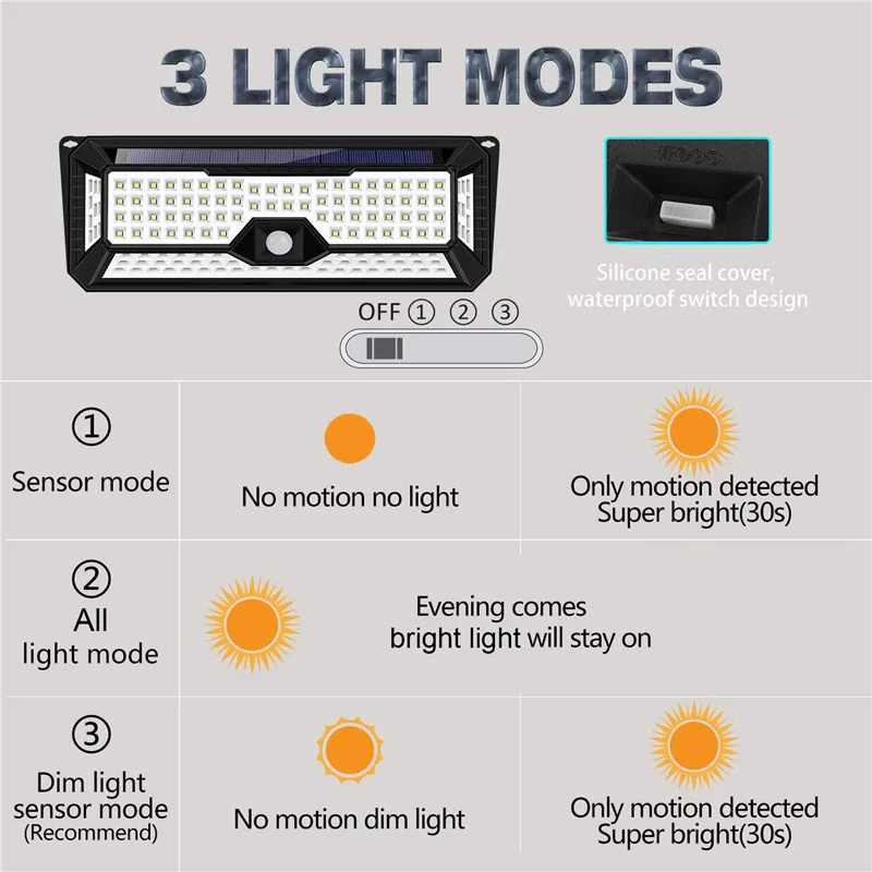 

136 LED Solar Wall Light 3 Modes Dimmable PIR Motion Sensor Waterproof IP65 Wall Lamp Outdoor Garden Lamp Solar Light