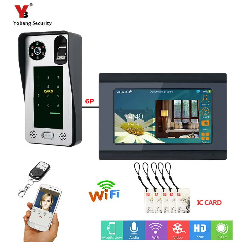 B KIT 7 дюймов проводной Wi-Fi отпечатков пальцев IC карта видео телефон двери дверной звонок Домофон Система, поддержка дистанционного приложения разблокировка, запись - Цвет: B KIT