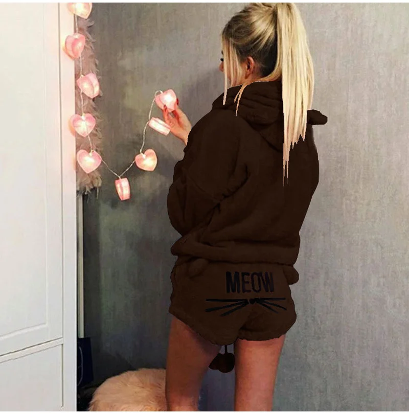 Фланелевые осенние женские пижамные комплекты с героями мультфильмов, ночная рубашка, шорты с капюшоном, теплые пижамы, Женская домашняя одежда, зимняя Пижама с котом