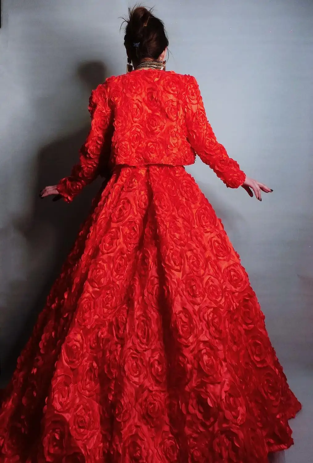 

Women New Nightclub bar singer show dance team performance Red rose fluffy dress stage costume suit (Jacket+bra+Dress) Set