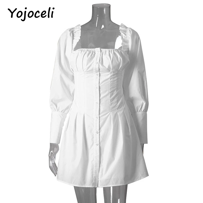 Yojoceli 2018 Новое весеннее шикарное белое гофрированное платье с длинным рукавом