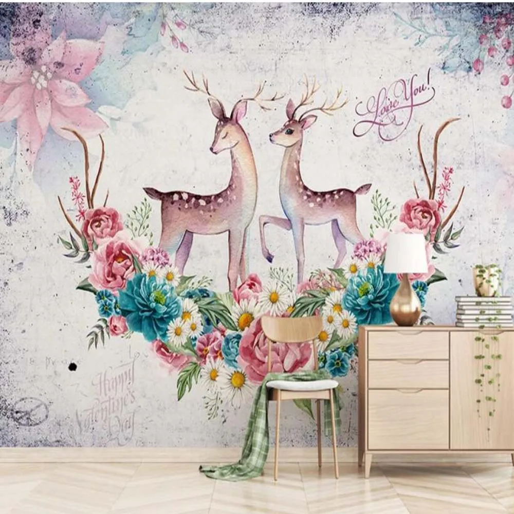 3D винтажная настенная бумага с цветами оленем животными творческое искусство