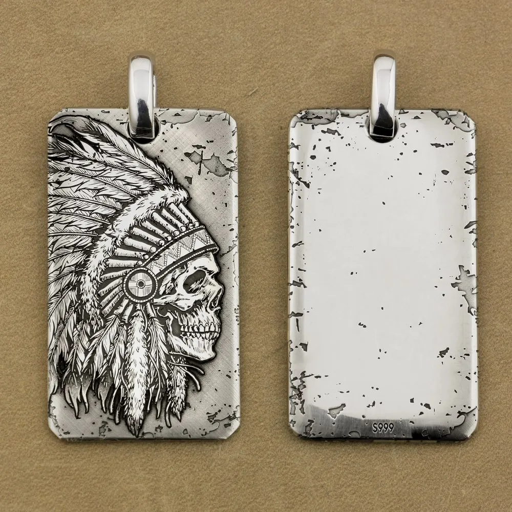 LINSION индийский главный череп 999 чистый серебряный собачий тег мужской байкер рок