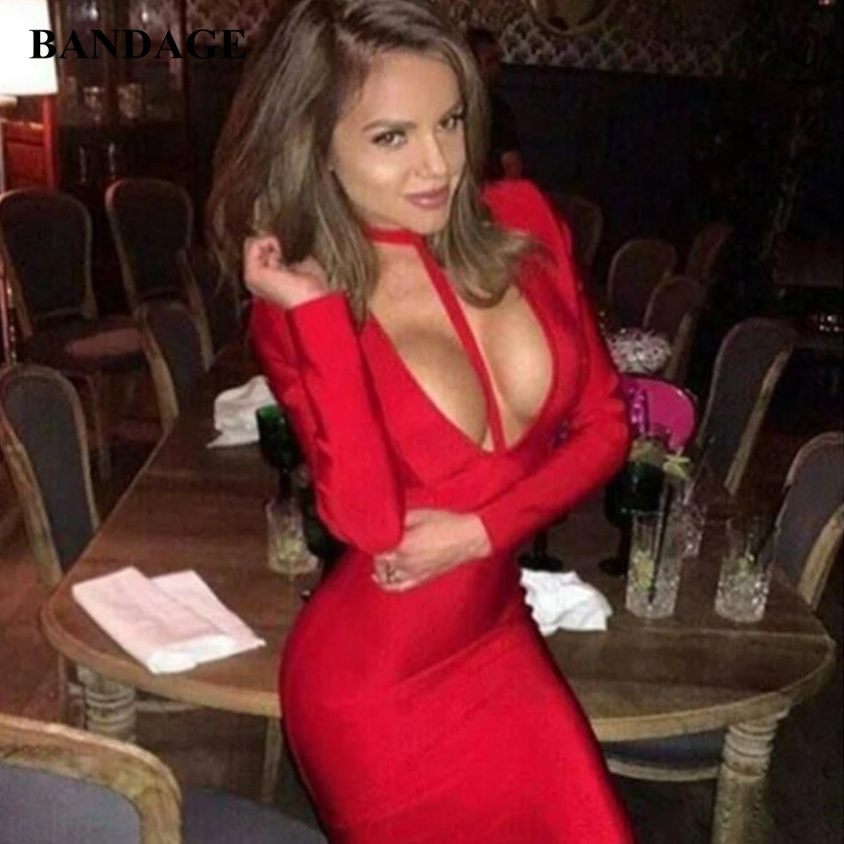 Сексуальный v-образный вырез с лямкой на шее Бандажное платье Bodycon длинный рукав