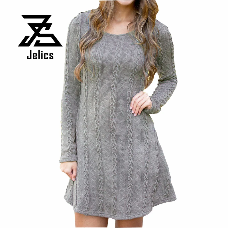 Женское трикотажное платье-свитер с круглым вырезом и длинным рукавом | Женская