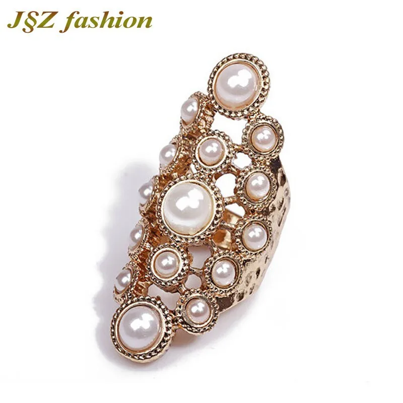 Vintage pearl ring long hollow joints alloy rings Gold Color Flower Big Imitation Gem Stone Rings Jewelry For Women | Украшения и