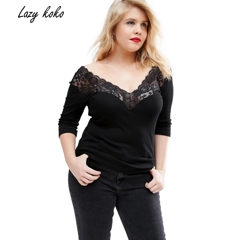 Ленивый KOKO Plus Размеры женская одежда новая мода эластичная рубашка Sexy v-образным