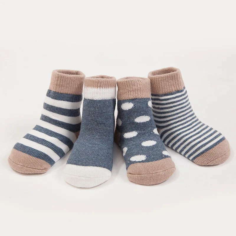 4 Pairs Winter Spring Autumn Warm Thickened Cotton Socks Polka Dots Striped Newborn Baby Boys and Girls Infant Sock for 0-3 Age |