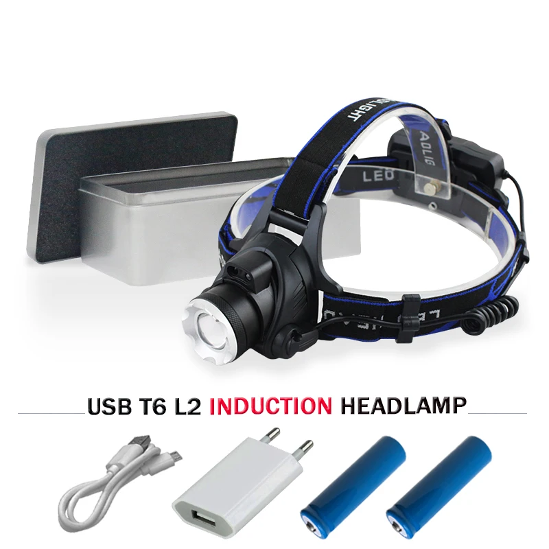 ИК Индукции usb фары желтый белый свет Светодиодные xml t6 l2 18650 Рыбалка Фонарь налобный светодиодный фар охота