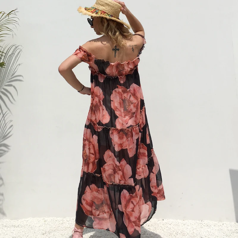 Лето 2019 красное платье с цветочным принтом цельное воротником Пляжное