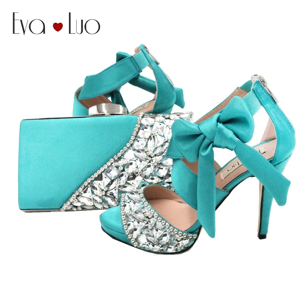 DHL обувь под заказ бирюзовые Стразы с бантом и сумка в комплекте Свадебная для