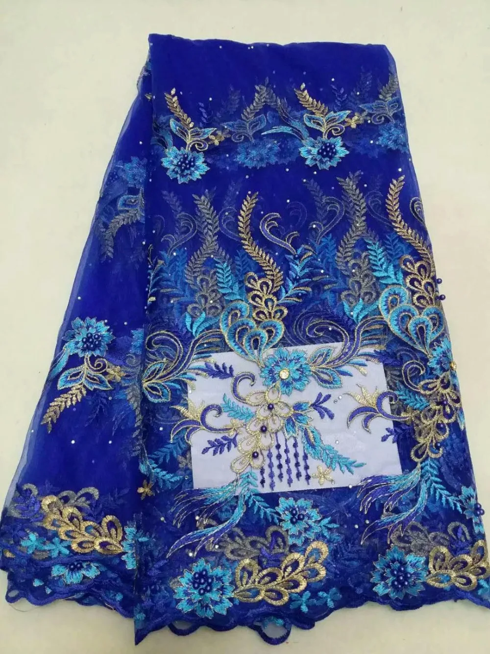 Африканская кружевная ткань США Королевский синий африканская вуаль