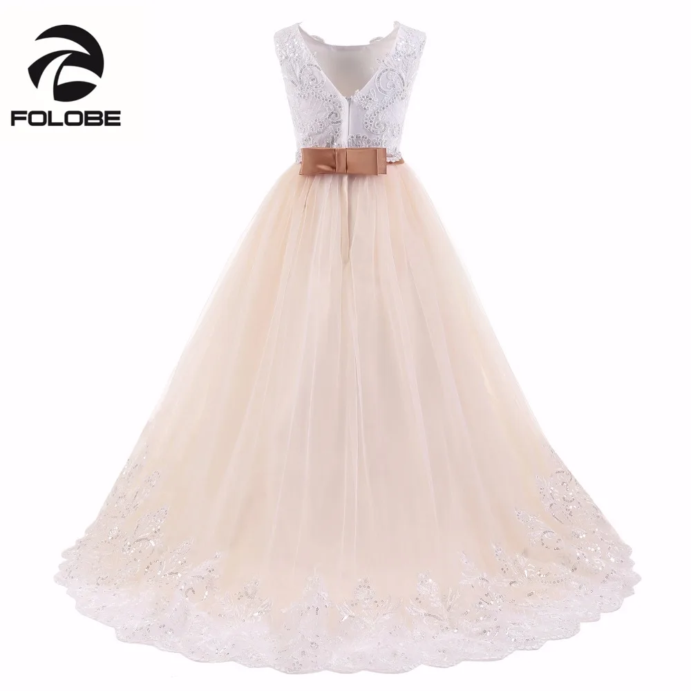 Свет Шампанское кружева Vestidos Блестки Бусы для девочек в цветочек платья свадьбы