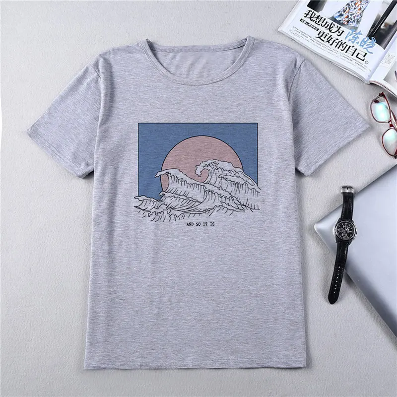 Новинка, Camisetas Verano Mujer,, Harajuku, Kawaii, волнистая, эстетическая, винтажная, парная Футболка, женская, Vogue, повседневная, с принтом, короткий рукав, Топ - Цвет: 1753-Gray