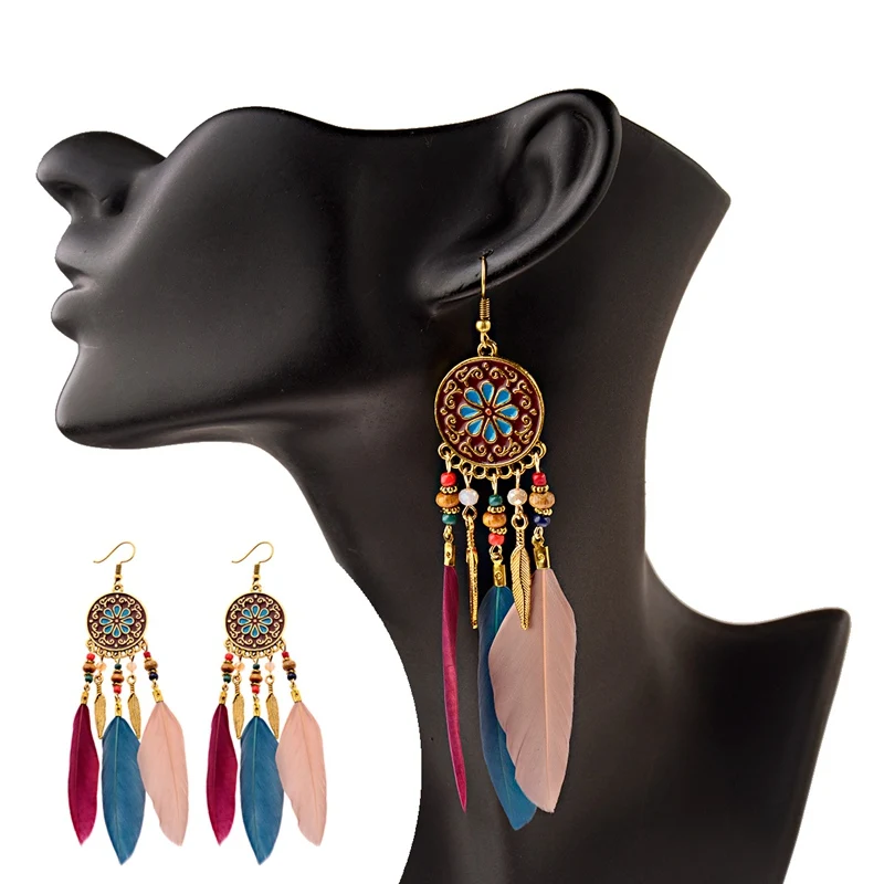 2019 Women's Ethnic Multicolor Feather Jhumka Jhumki Earrings Gypsy Flower Metal Wood Beads Indian Ladies Oorbellen | Украшения и