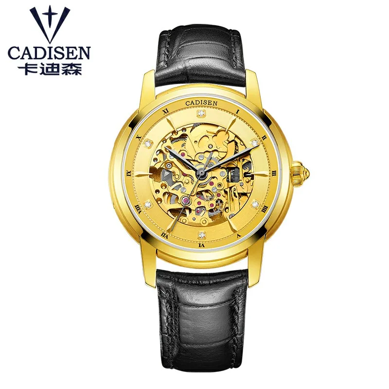Black Strap Cadisen, мужские часы, скелет, автоматические, механические, кожа, наручные часы, мужские, модные, бизнес часы, masculino, топ, люксовый бренд, 50 м - Цвет: Black Strap