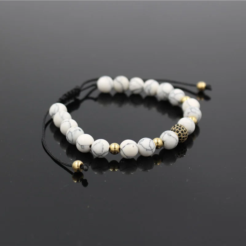 Новый 8 мм белый камень Howlite и фианит медный шарик плетение макраме браслет из