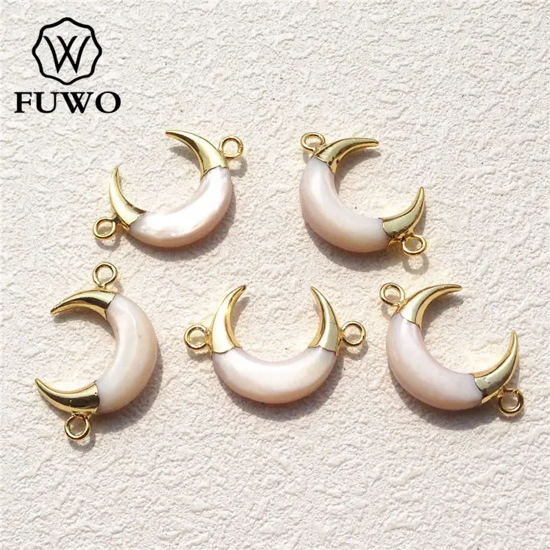 

FUWO Carved White Crescent Shell Connector Pendant 24K Gold Electroplate Double Loops Pearl Jewelry Supplies Wholesale PD544