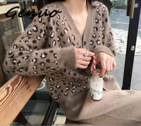 genuo new 2019 spring new fashion casual sweater coat woman loose wild lazy wind leopard knit cardigan peak collar shirt