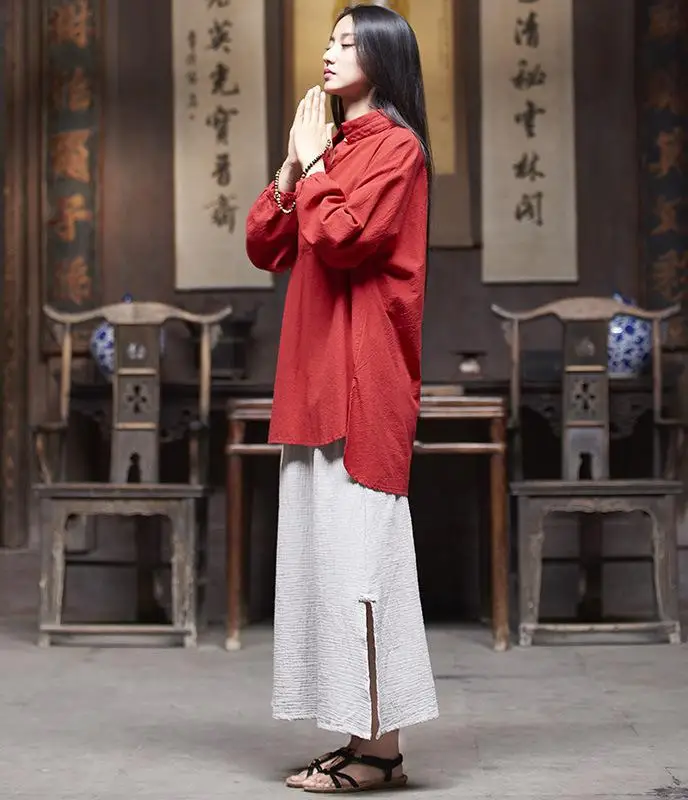 Spring Summer Chinese Style Cotton Linen Solid Color Original Design Women Long Sleeves Blouse |