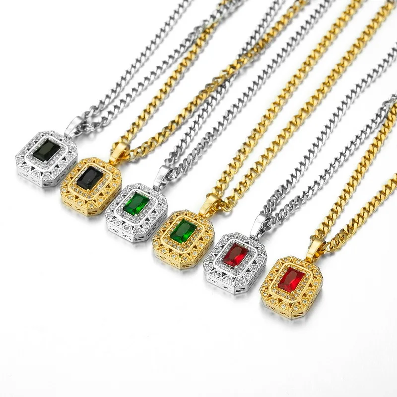 Small Gold Charm Green Black Red Gem Pendant Necklace Zircon Stone Stainless Steel Link Chain Hip Hop for Men Women Jewelry | Украшения и