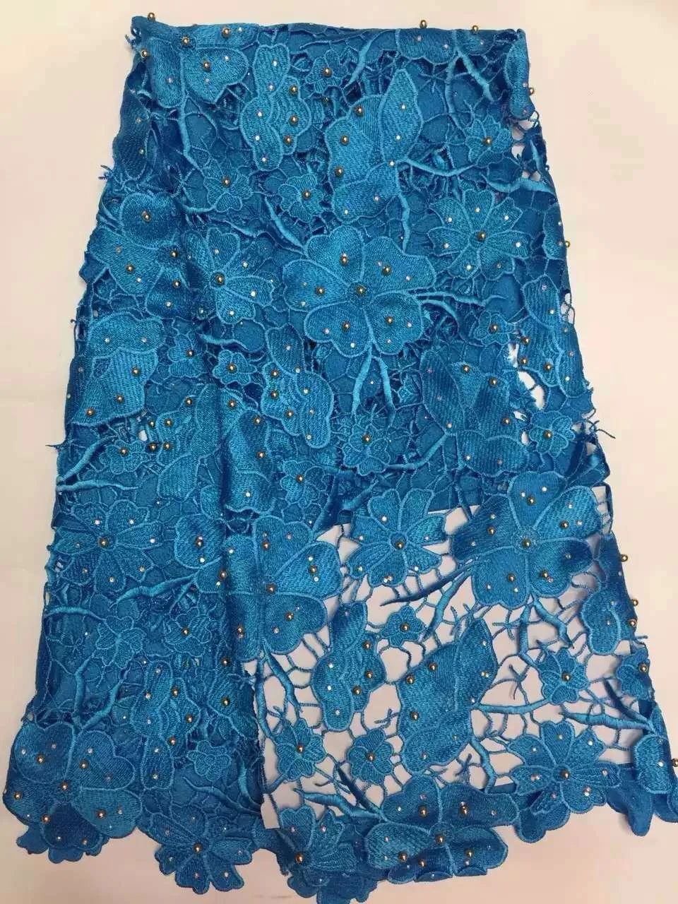 

Hot selling! High quality water soluble african cord lace guipure lace fabric with stones and beads for dress sewing Blue KRA668