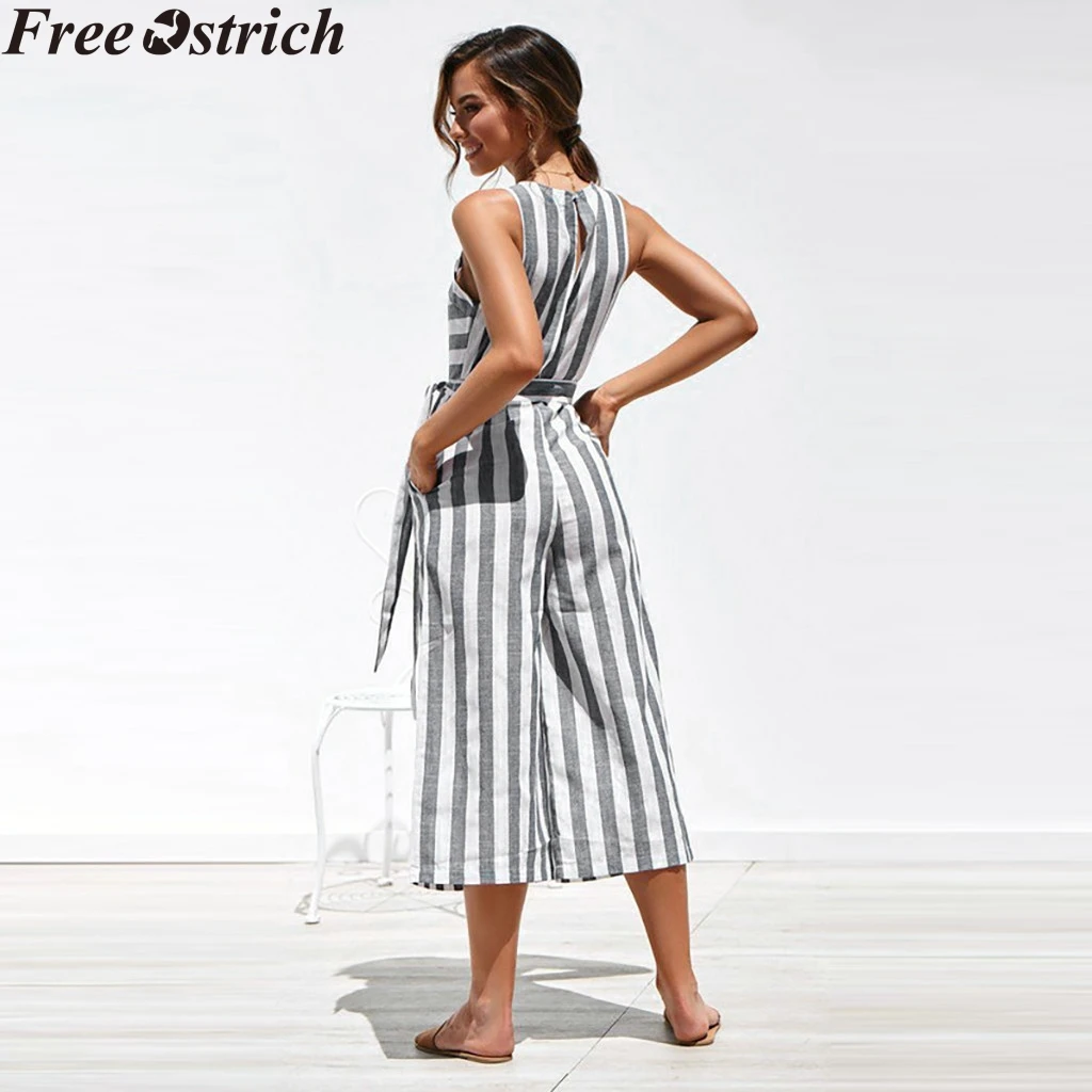 Women Summer Striped Wide Legs Jumpsuit Business Long Sleeveless High Waist Plus Size bodysuit Ladies V-neck Soft Casual Rompers | Женская