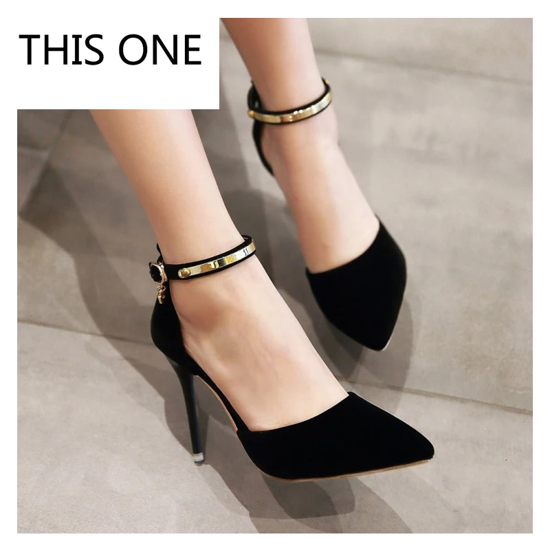 

Hot sell Plus Size 45 Sexy High Heels Shoe Women Pumps Sweet Luxury Black Red Wedding Shoes Ankle strap Pumps Sapatos Femininos