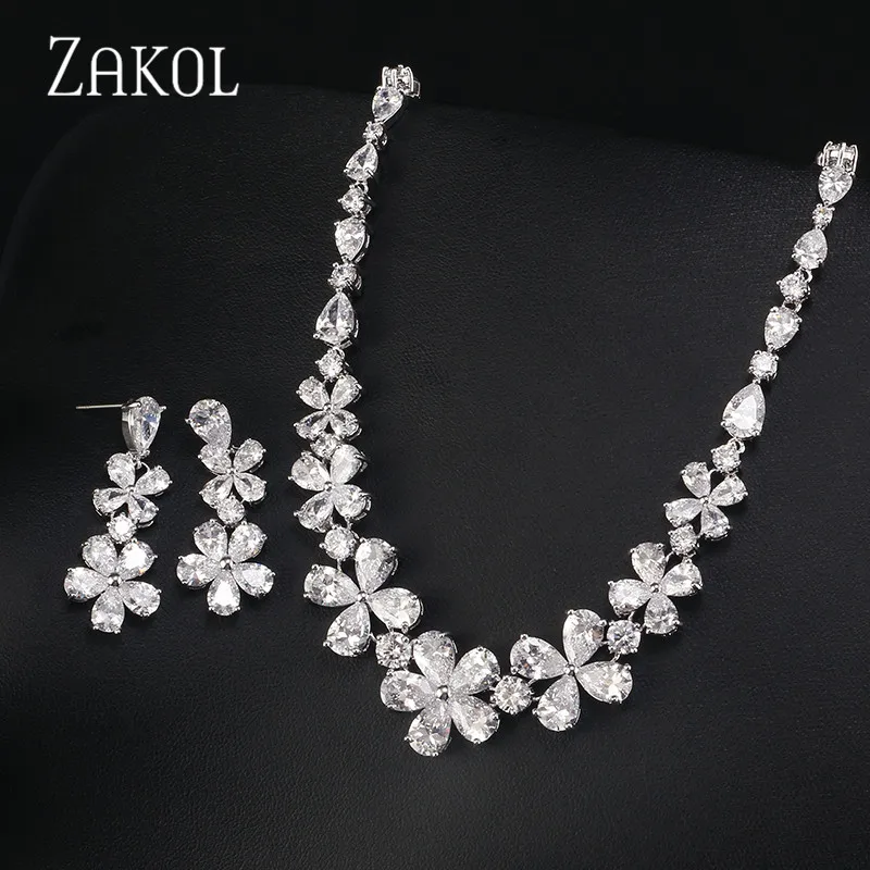 ZAKOL Luxury Sparking Brilliant Cubic Zircon Clear Flower Necklace Earrings Wedding Bridal Jewelry Sets Dress Accessories FSSP08 | Украшения