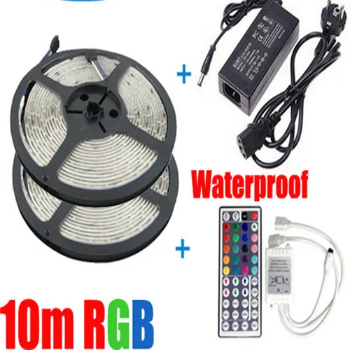 RGB led strip 5050 waterproof/no-waterproof 2*5m smd strip lighting +44 key IR remote controller +DC12V 7A Power Adapter