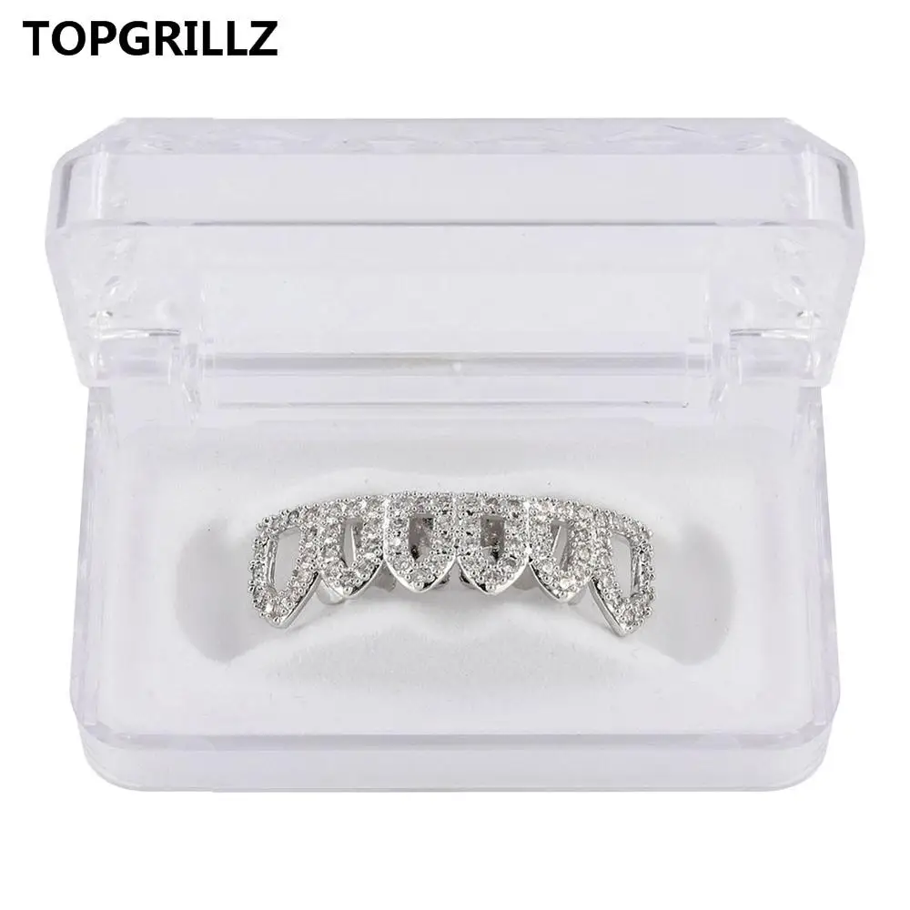 silver bottom TOPGRILLZ чистое золото цвет покрытием хип хоп микро Pave CZ Клык полый верх и дно GRILLZ вампирские зубы грили набор - Окраска металла: silver bottom