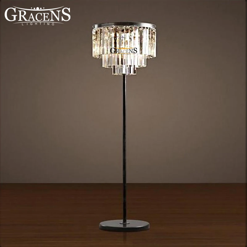 

Hot Selling Vintage Crystal Floor Lamps Fixture Round Black Chrome Metal Clear Crystal Stand Lighting For Living Room