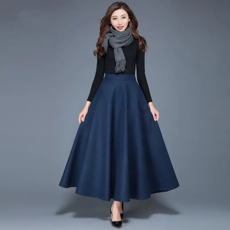 86cm length blue Женская Новинка осень зима корейский стиль длинная линия толстые теплые шерстяные юбки женские размера плюс 3XL Свободные шерстяные юбки F22 - Цвет: 86cm length blue