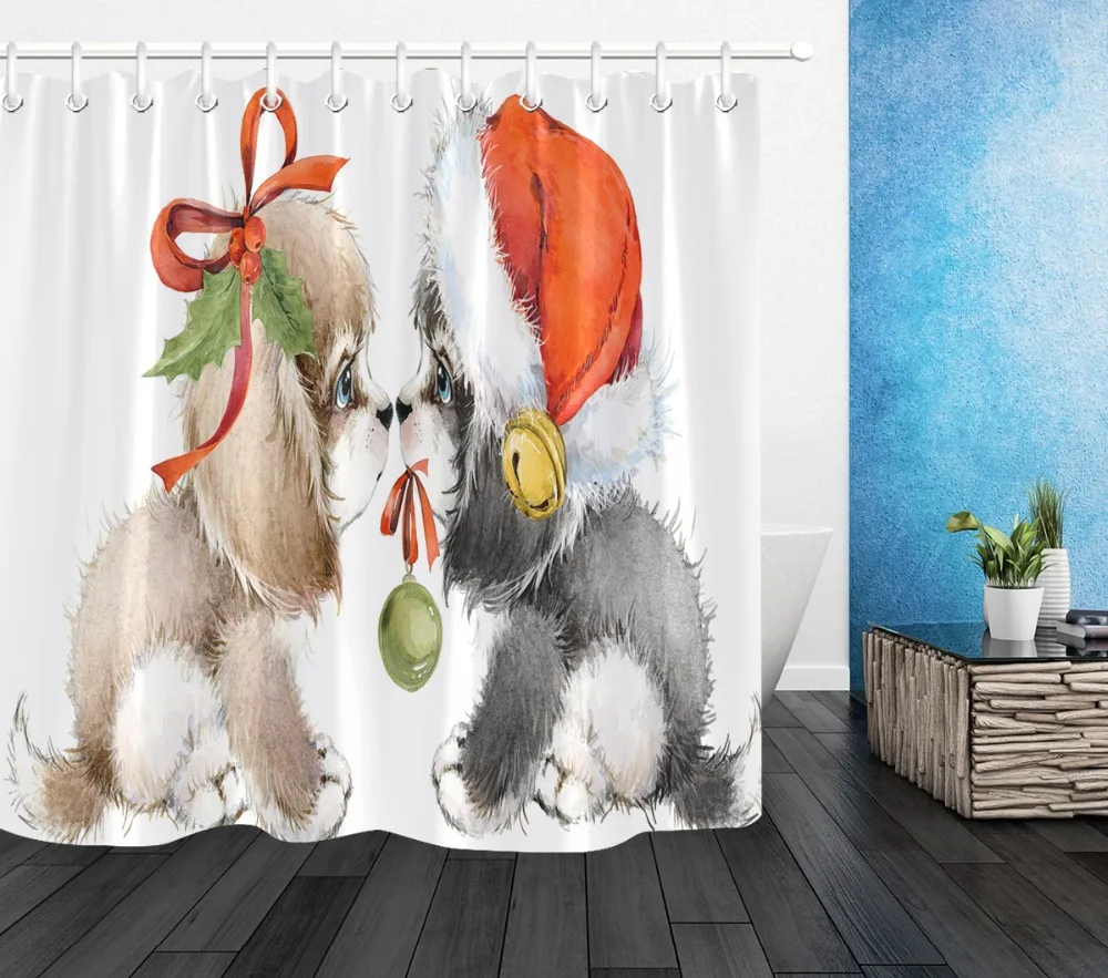 LB белая занавеска для душа с матрасом набор милой собачки в рождественской шляпе