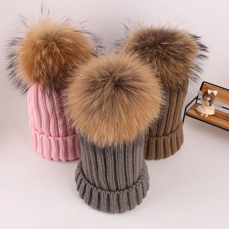 Высокое качество енот Мех мяч помпоном шапочка Шапки Пипидастр твердых