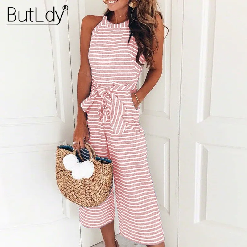 Striped Jumpsuit Women Summer Sexy Casual Boot Cut Long Pants Jumpsuits Rompers Sashes Overalls Off Shoulder Bodysuit Playsuit | Женская