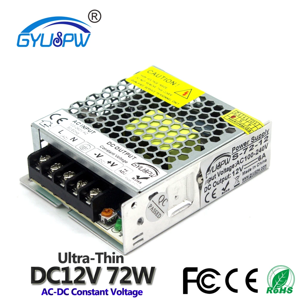 Ультра-тонкий Импульсный блок питания 12 В 6A 72 Вт Светодиодный драйвер AC DC12V SMPS для