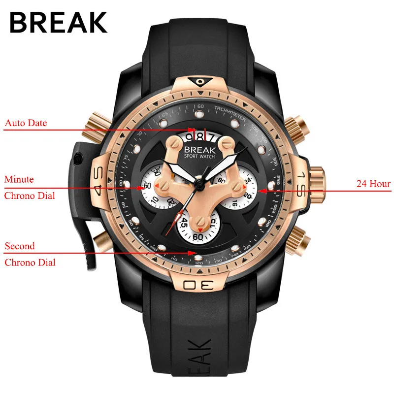 black gold BREAK мужские роскошные Брендовые мужские спортивные часы, кварцевые военные наручные часы, черные силиконовые многофункциональные часы с хронографом и датой 5601 - Цвет: black gold