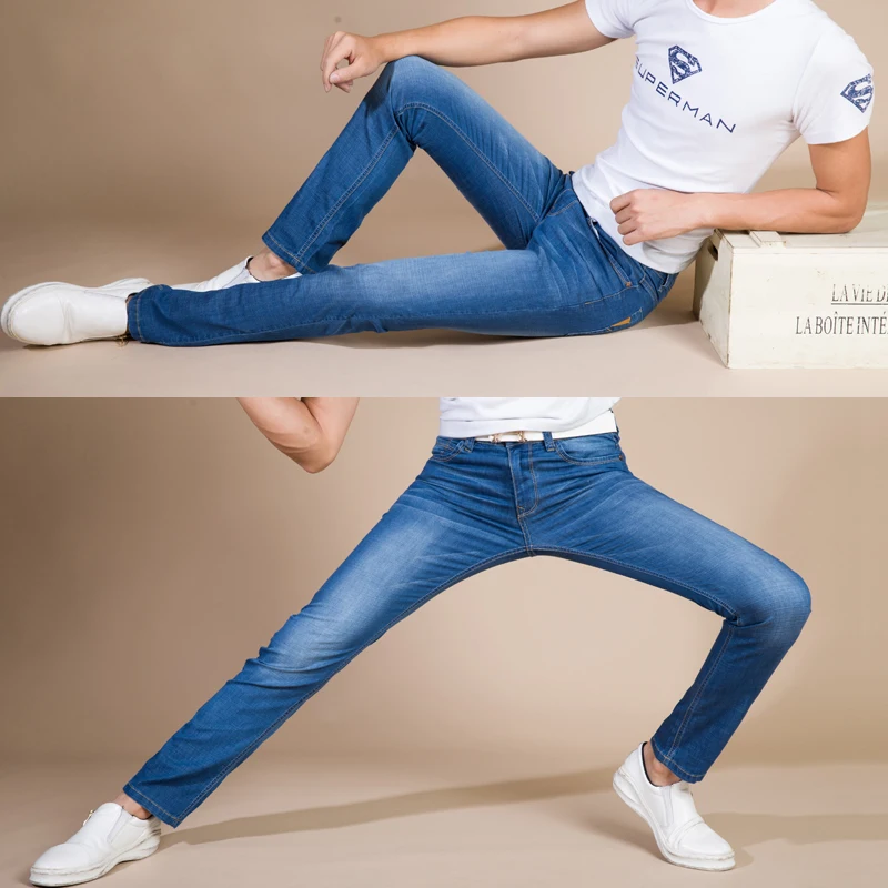 Summer New Men's Thin Light Jeans Business Casual Stretch Slim Denim Blue Trousers Male Brand Pants Plus Size pant | Мужская одежда