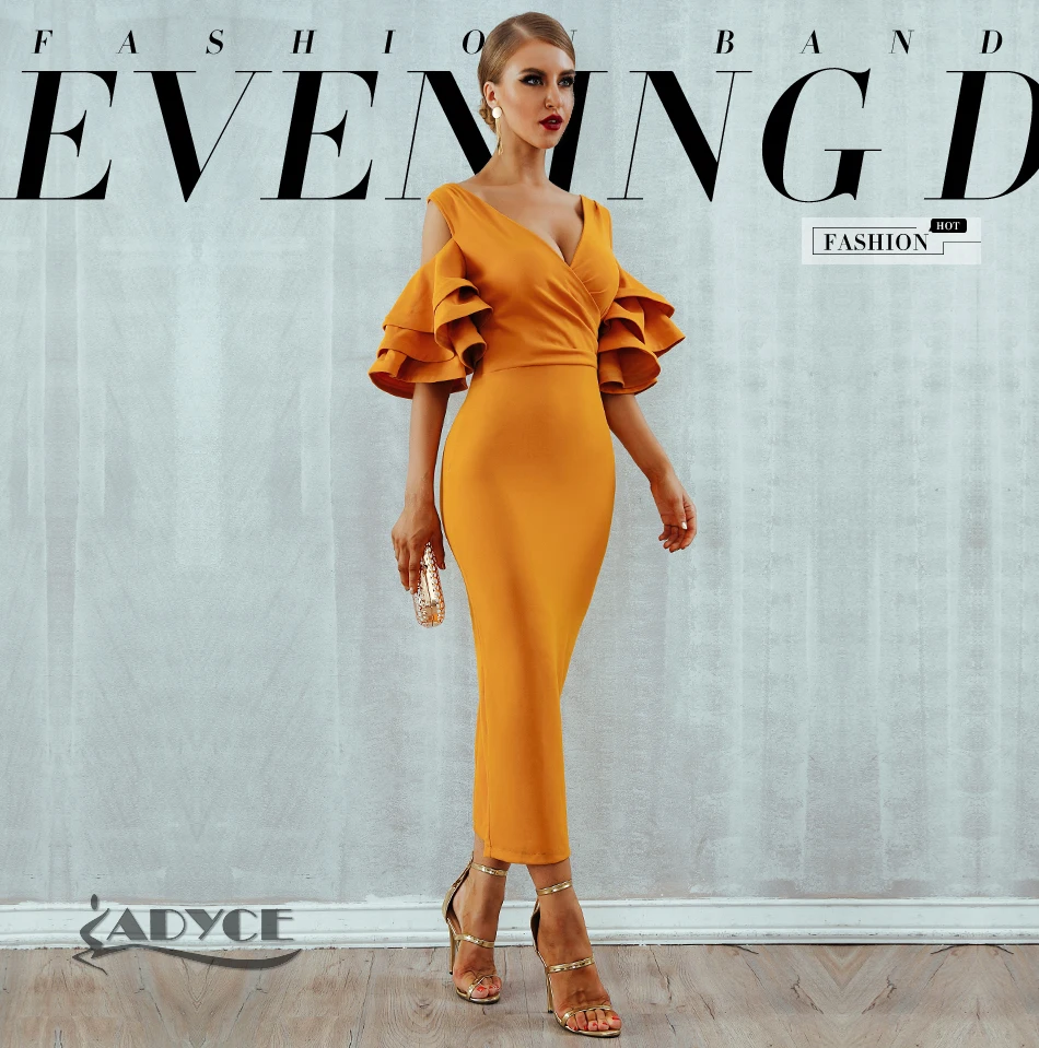 Adyce, новое летнее женское Клубное платье, Vestidos, вечерние платья знаменитостей, желтое, красное, с рюшами, с бабочкой, с коротким рукавом, миди, Клубные платья