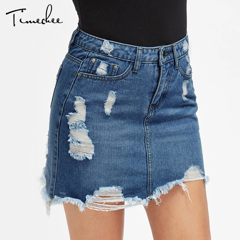 Летняя джинсовая юбка Timechee Для женщин Повседневное модные рваные лоскутное