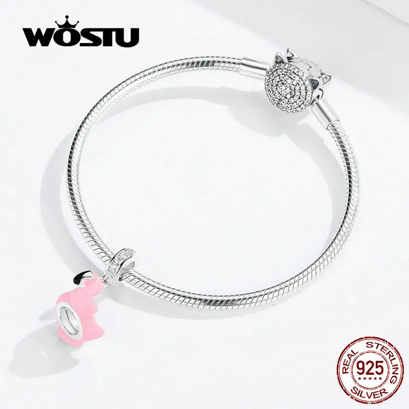 WOSTU, Розовый фламинго, подвеска, шарм, 925 пробы, серебро, циркон, бусины, подходят к оригинальному браслету, подвеска, серебро 925, ювелирное изделие CQC1240
