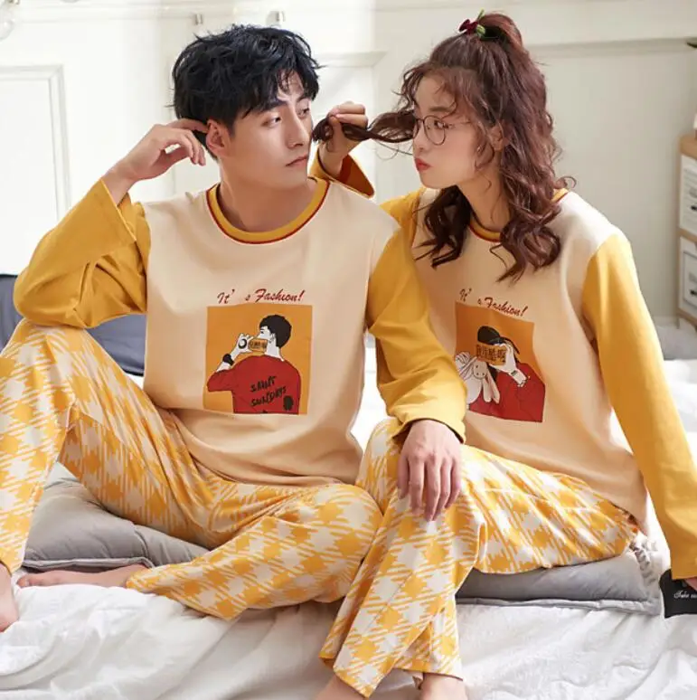 Пижамный комплект для пар Женский мягкий хлопковый с принтом модная мужская