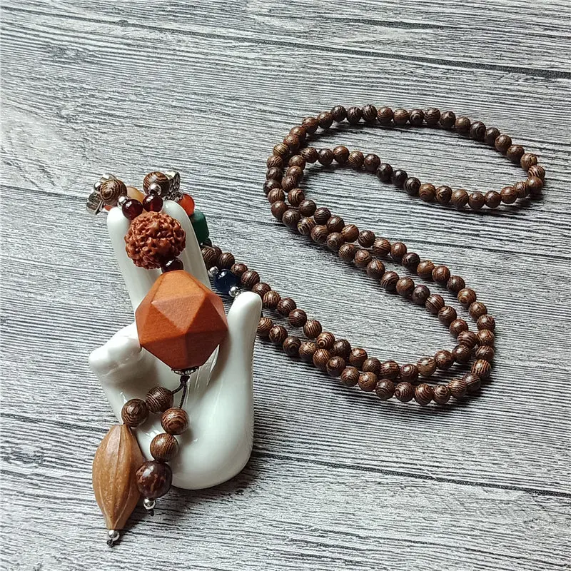 Nepal Buddhist Mala Wood Beads Necklace Imitation Stone Pendant Ethnic Horn Long Statement For Women Men | Украшения и аксессуары